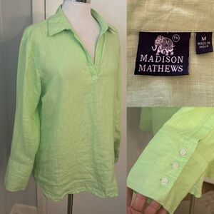 Madison Mathews Linen Blouse Spring Green Tunic V Neck Resort wear  Top Sz M